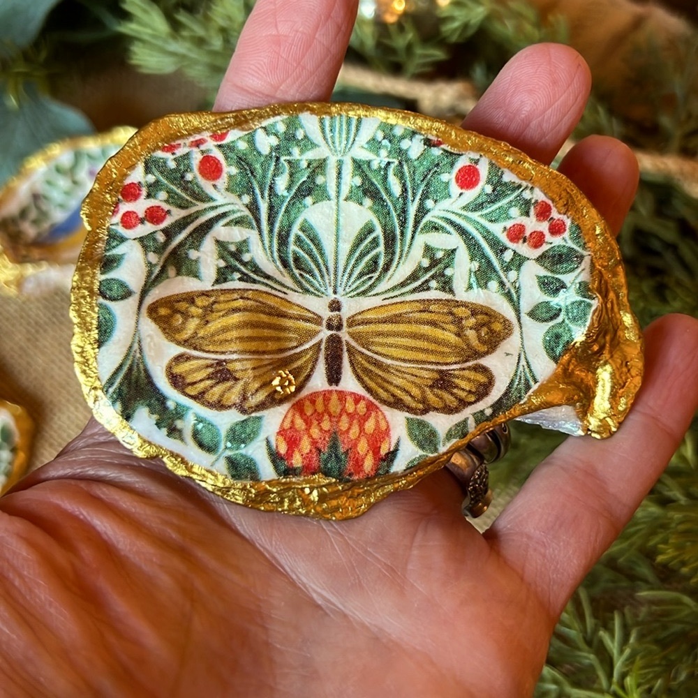 Handmade Découpage Botanical Oyster Trinket Dish